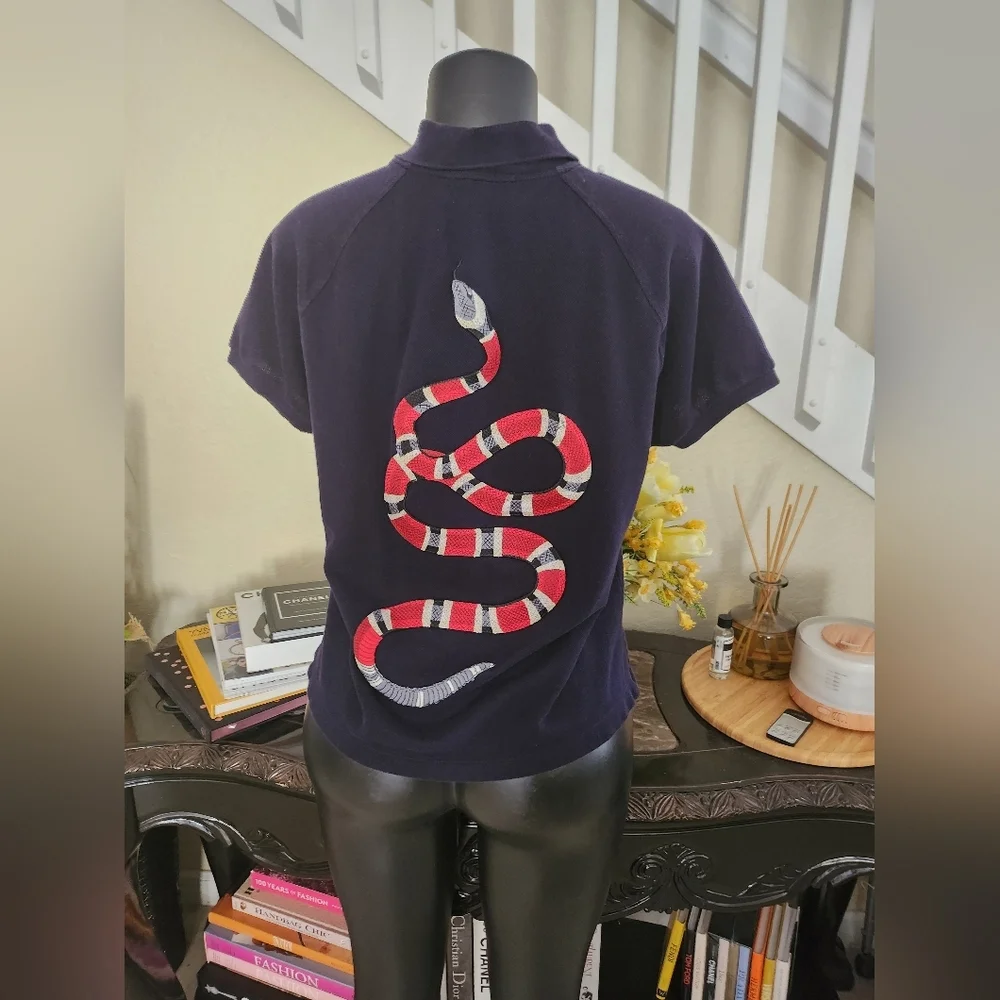 Gucci Navy Blue Cotton Pique King Snake Detail Polo T-Shirt size L